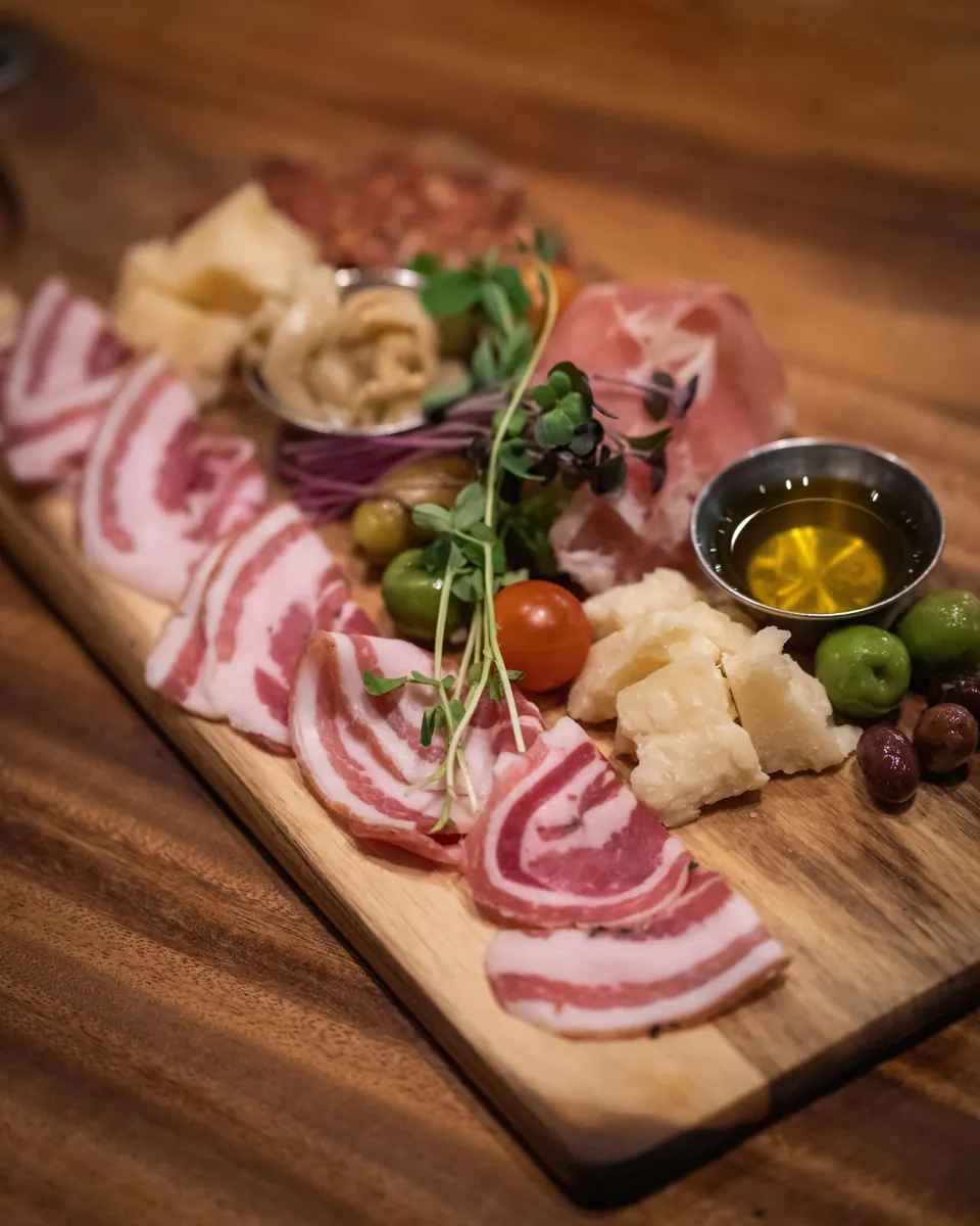 Thin slices of cured pancetta and prosciutto on a wooden board