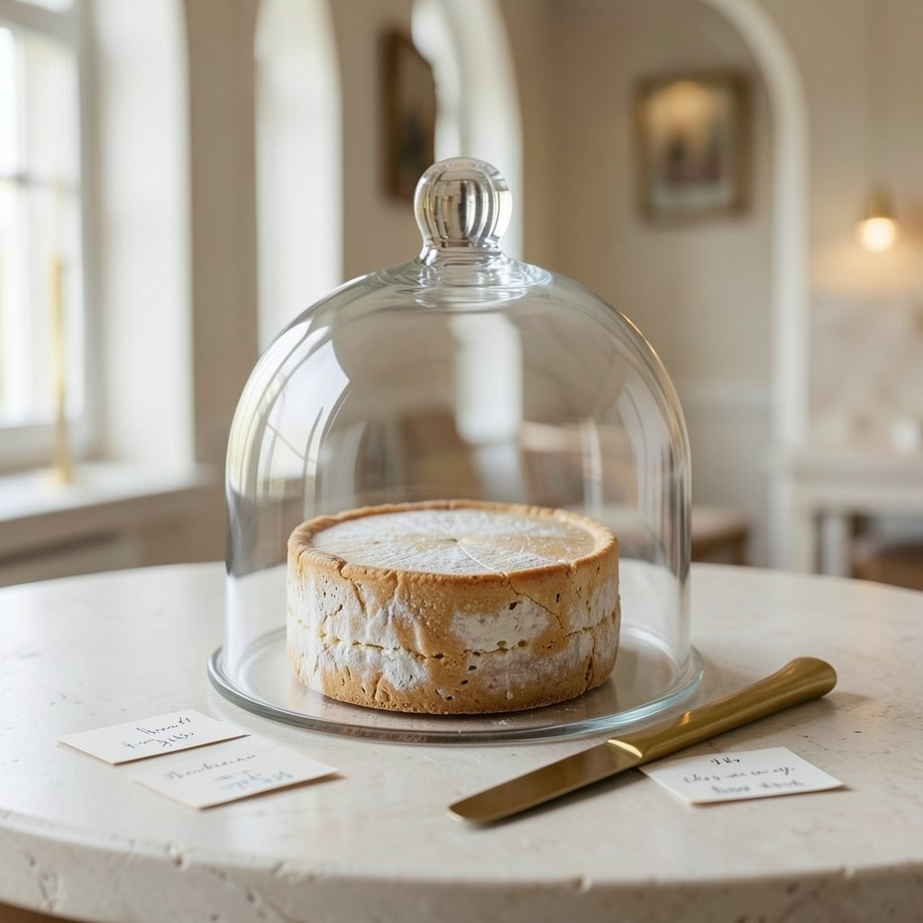 Artisan cheese under glass cloche at peak cellar temperature