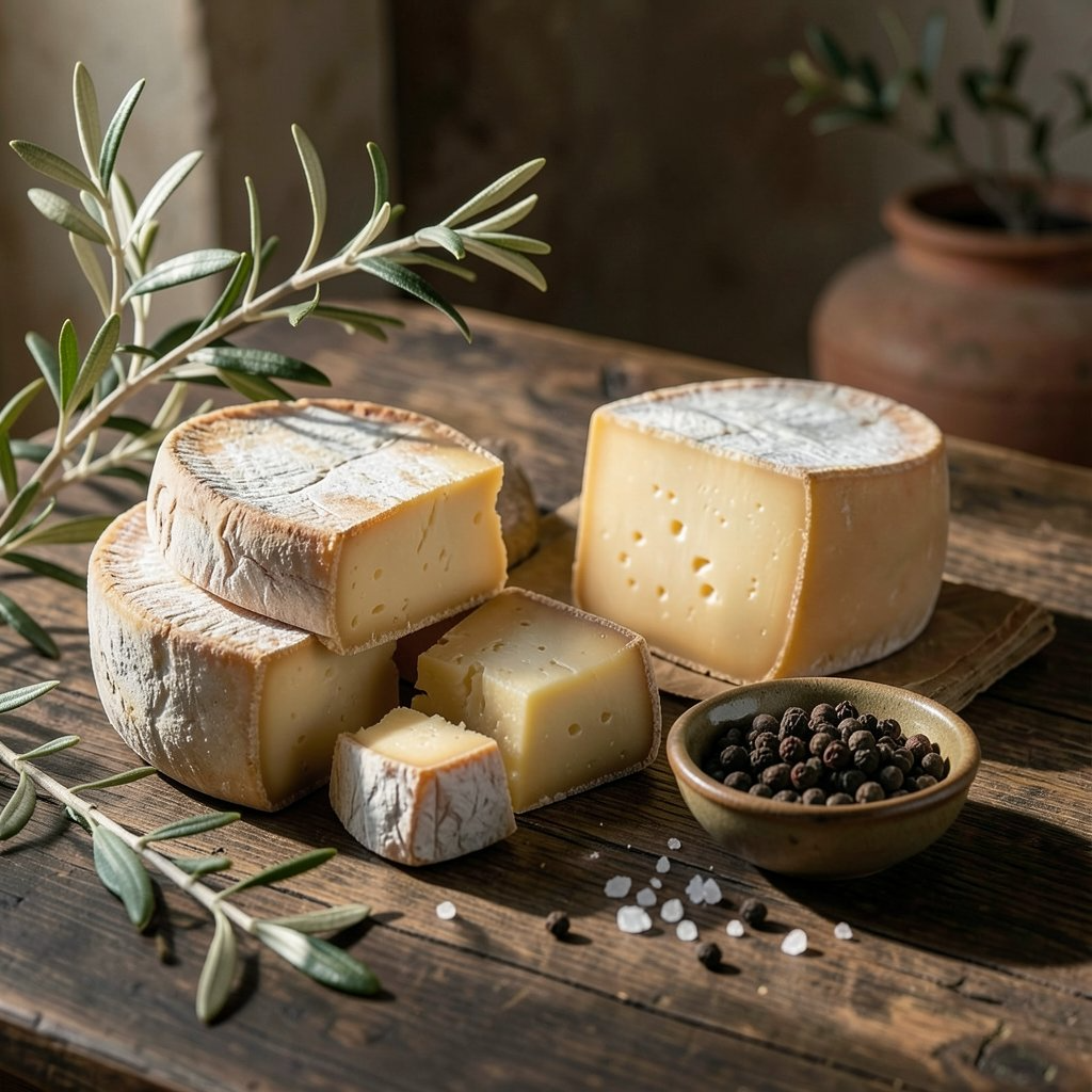 A selection of artisan cheeses at different stages of ripeness