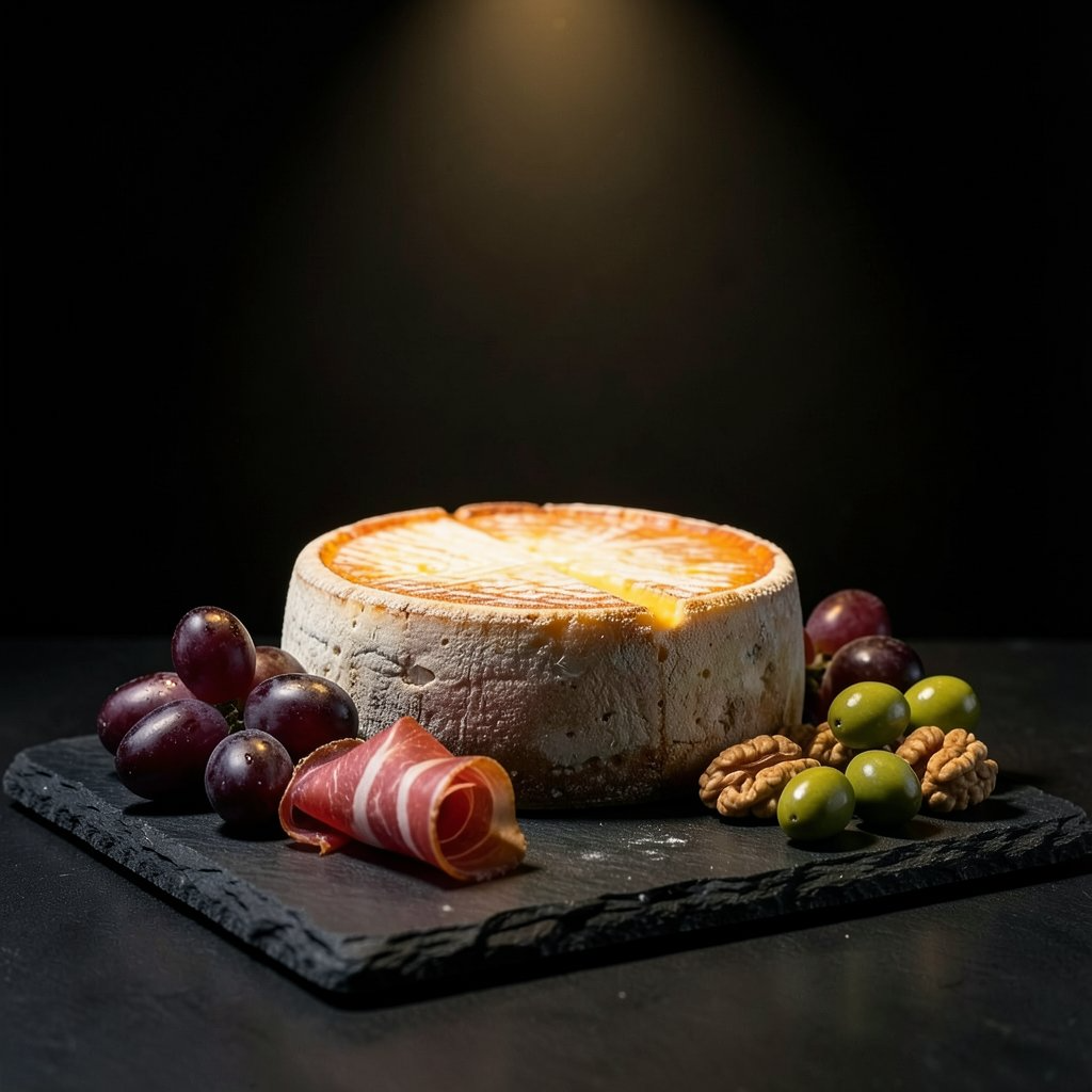 Baked cheese round with olives, grapes and cured ham on a slate board