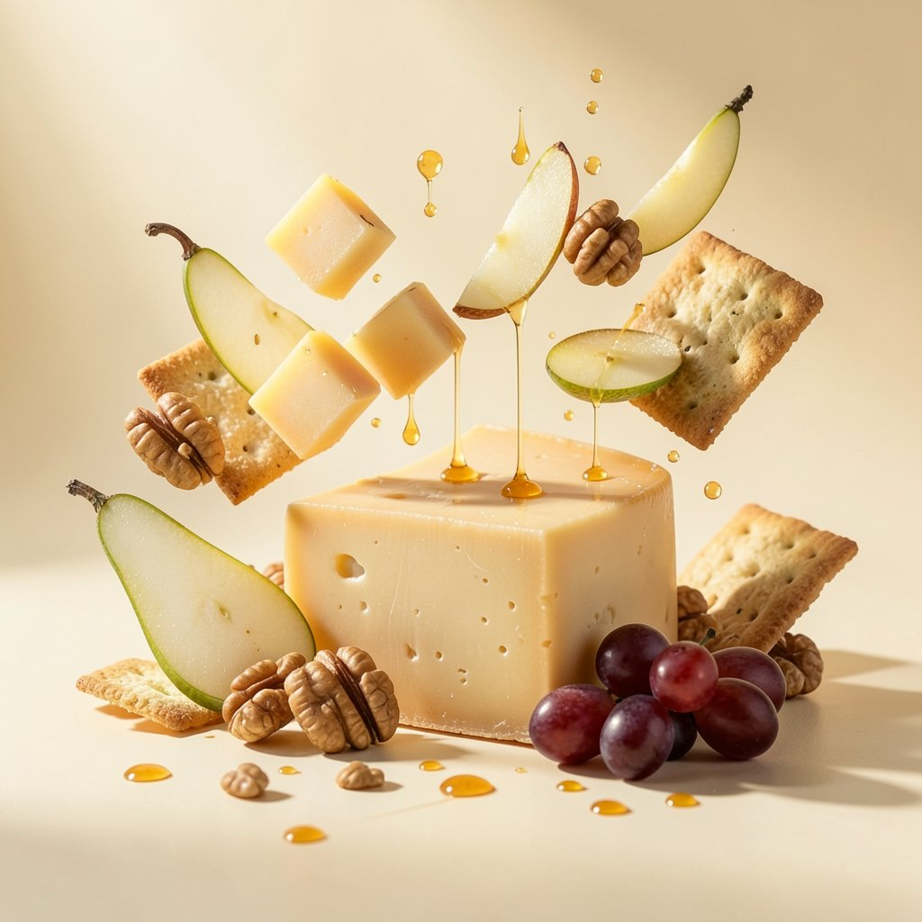 Aged cheese with pears, walnuts, crackers and honey in soft light