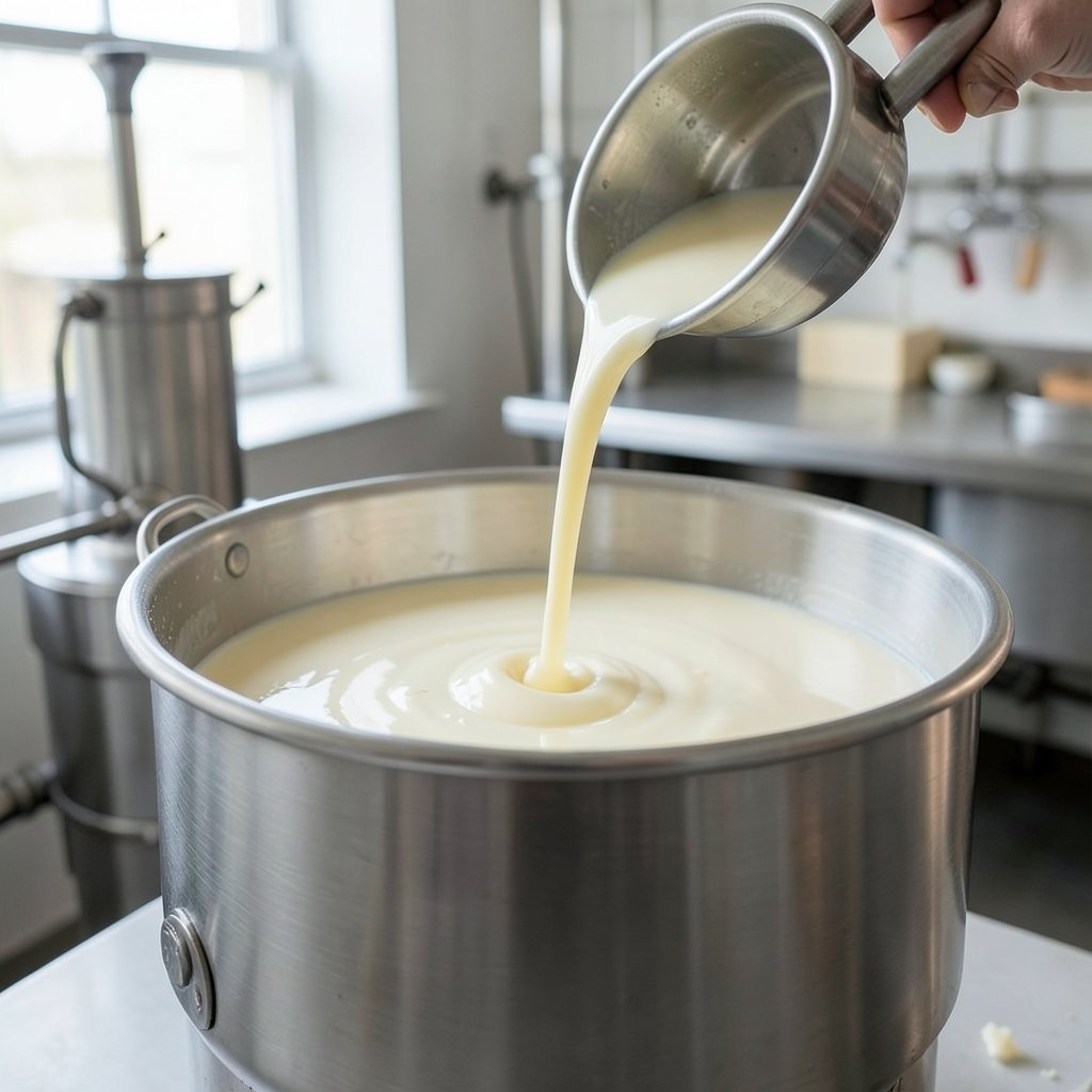 Fresh milk poured into a steel vat at a dairy
