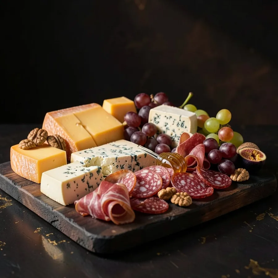 A dark slate board of aged cheeses, cured meats and grapes