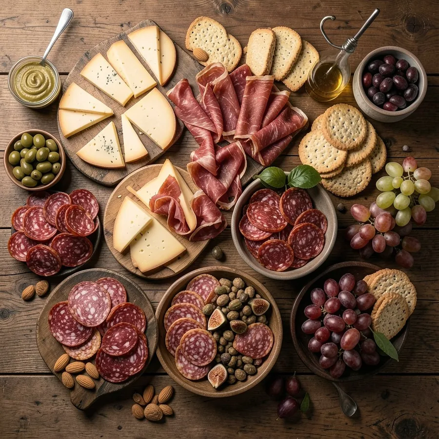 A classic cheese and charcuterie board seen from above