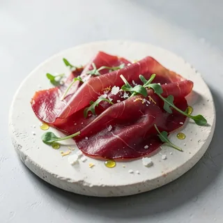 Thin slices of bresaola with herbs on a stone plate