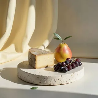 Aged cheese with a pear and grapes on a stone plinth