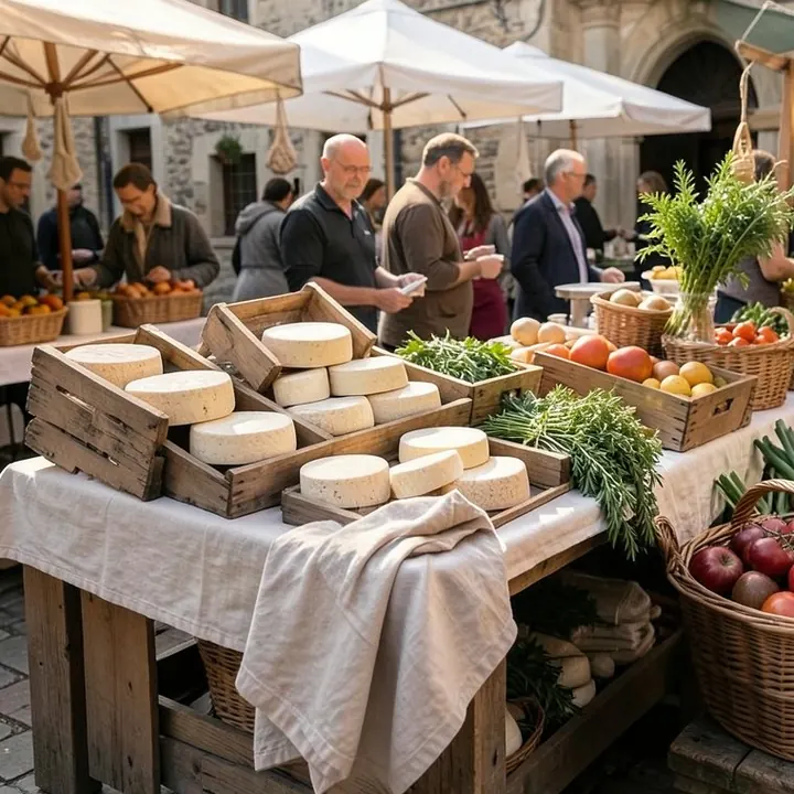 Wheels of fresh cheese on a wooden market stall