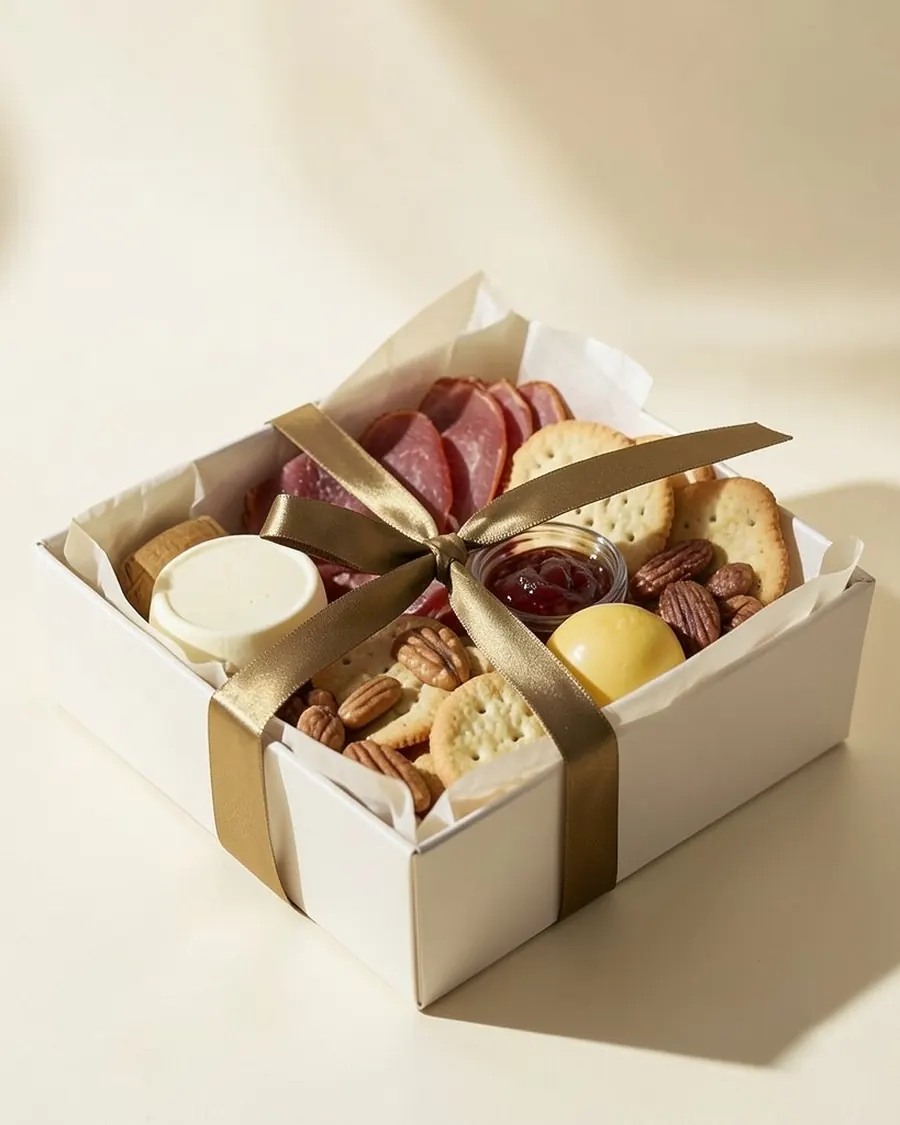 A ribboned gift box filled with cured meats, crackers and cheese