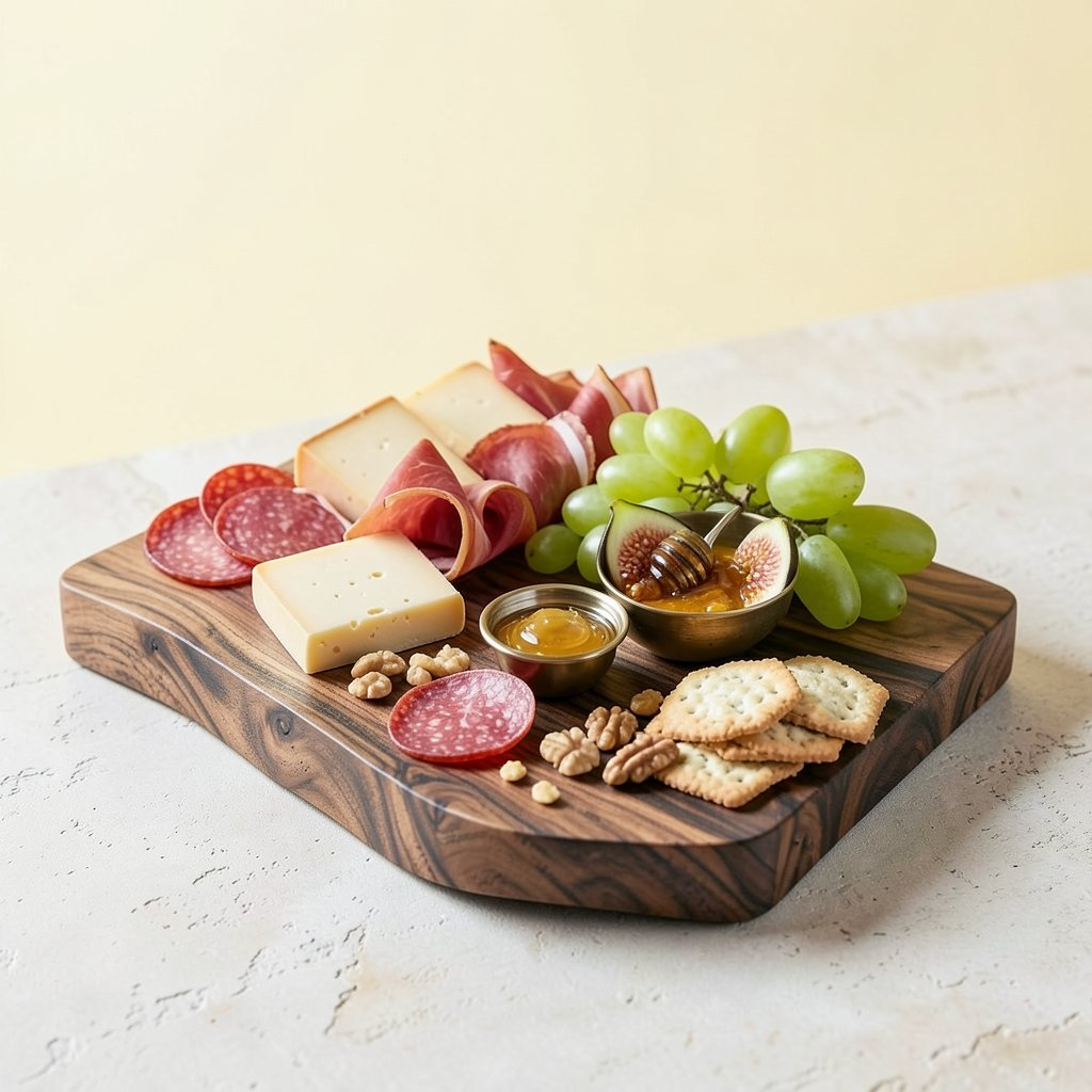 Signature board of cheeses, cured meats, grapes and crackers on a walnut board